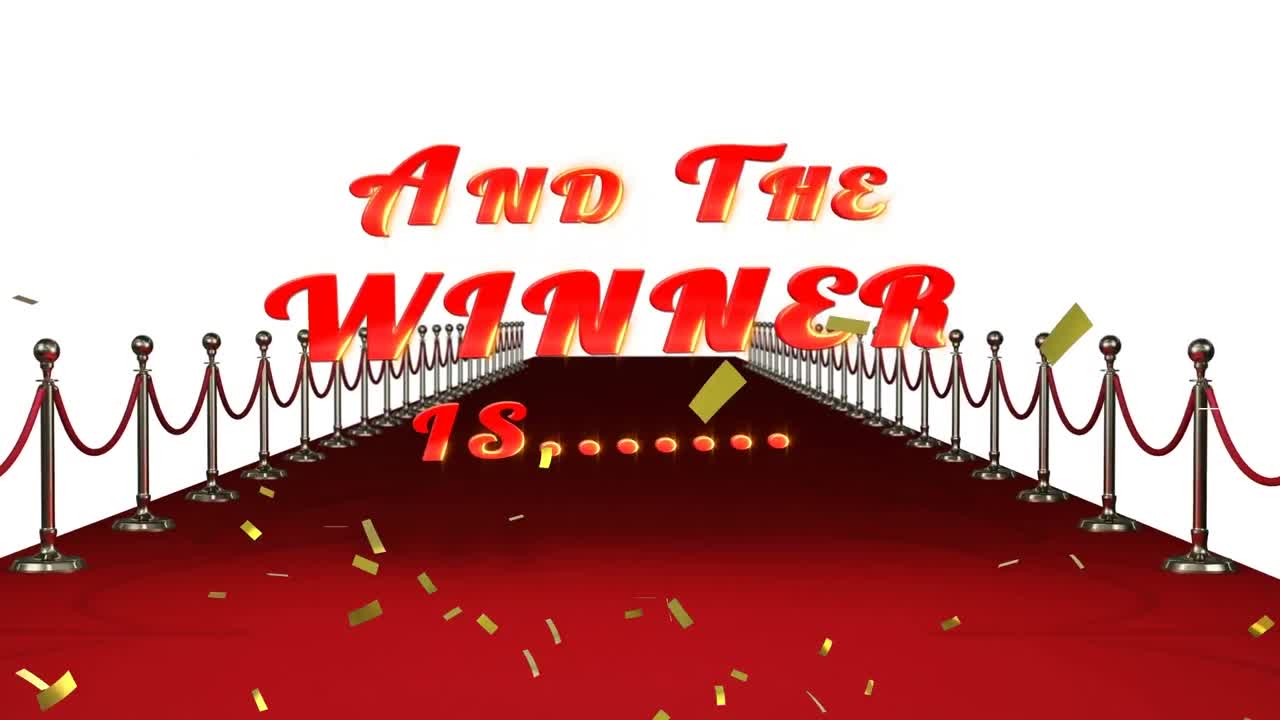 금색 콘페티의 애니메이션이 텍스트 위에, 그리고 우승자는, 빨간 카 ⁇  장소,  ⁇