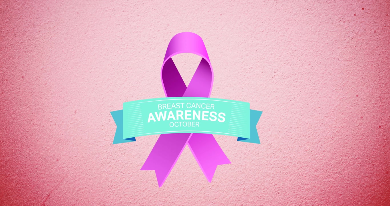 Animazione di un logo a nastro rosa e del testo 'cancro' che appaiono su sfondo rosa.