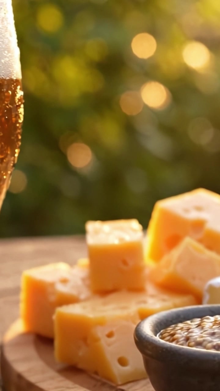 Un banchetto dorato: Concediti un'esperienza squisita di abbinamento formaggio e birra con formaggi deliziosi, senape saporita e birra rinfrescante, perfetto per riunioni e celebrazioni.