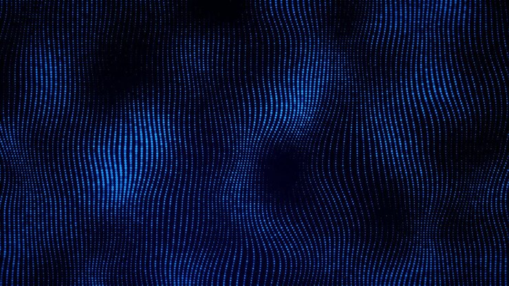 Paesaggio con onda fluente di rete di particelle di punti o puntini luminosi, big data digitali