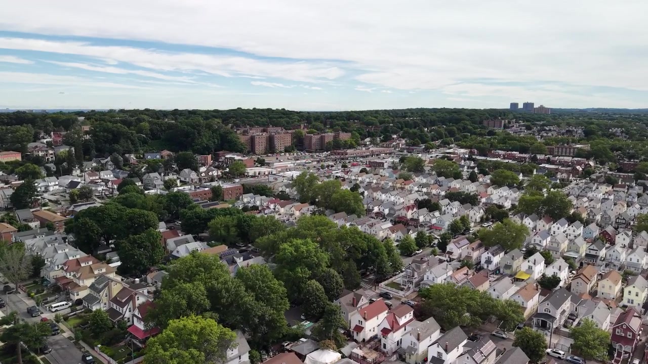 Ampia veduta aerea di un denso quartiere suburbano con case, strade e alberi verdi sotto un cielo parzialmente nuvoloso, che mostra una tipica area residenziale americana e la vita comunitaria.