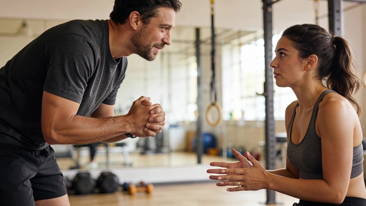 Leunende coach begeleidt zittende cliënt in sportkleding in de sportschool met ringen, ter voorbereiding op de training.