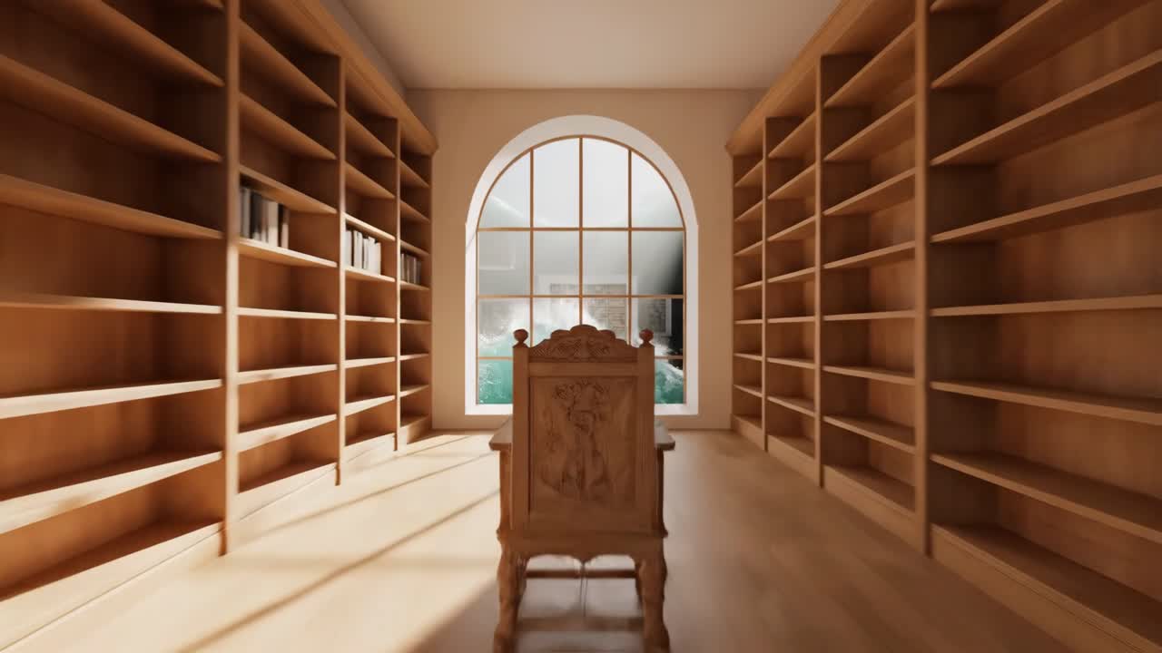Surrealistisk bibliotekrom innkapslet i en brytende havbølge