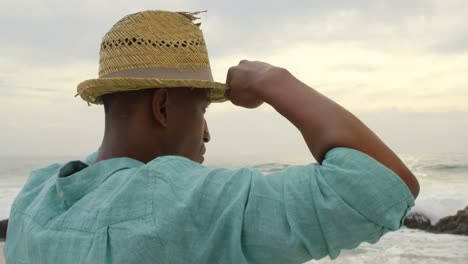 vista trasera de un hombre afroamericano con sombrero de pie en la playa 4k