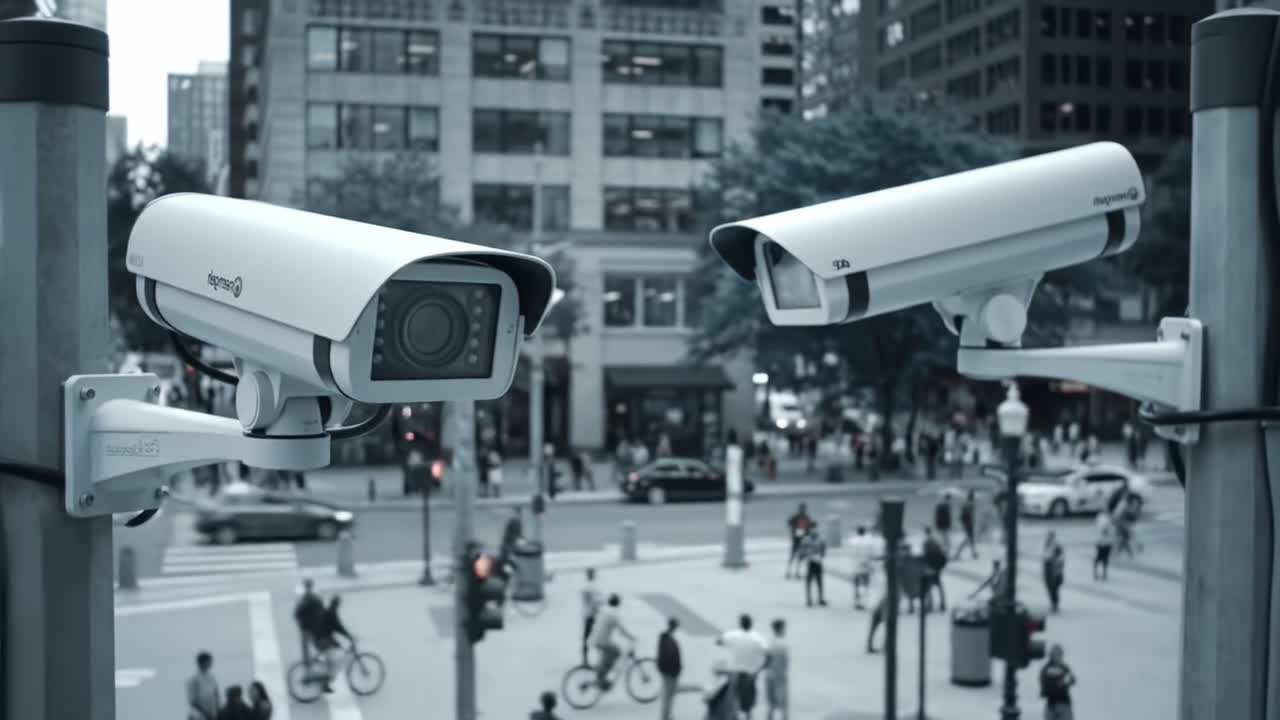 Urban Surveillance: A Glimpse into Modern Security Systems Featuring High-Tech CCTV Cameras Monitoring Pedestrian Traffic and City Life