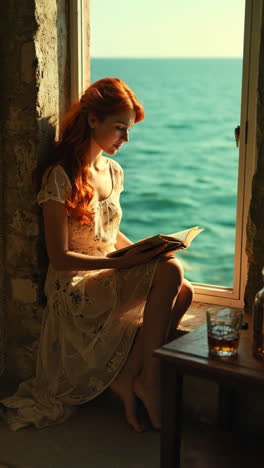 woman reading a book by the sea