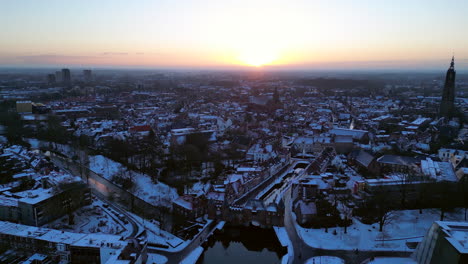 Aerial-view-at-the-center-of-Amersfoort-with-the-Sint-Joris-church-and-lieve-vrouwe-tower-and-koppelpoort