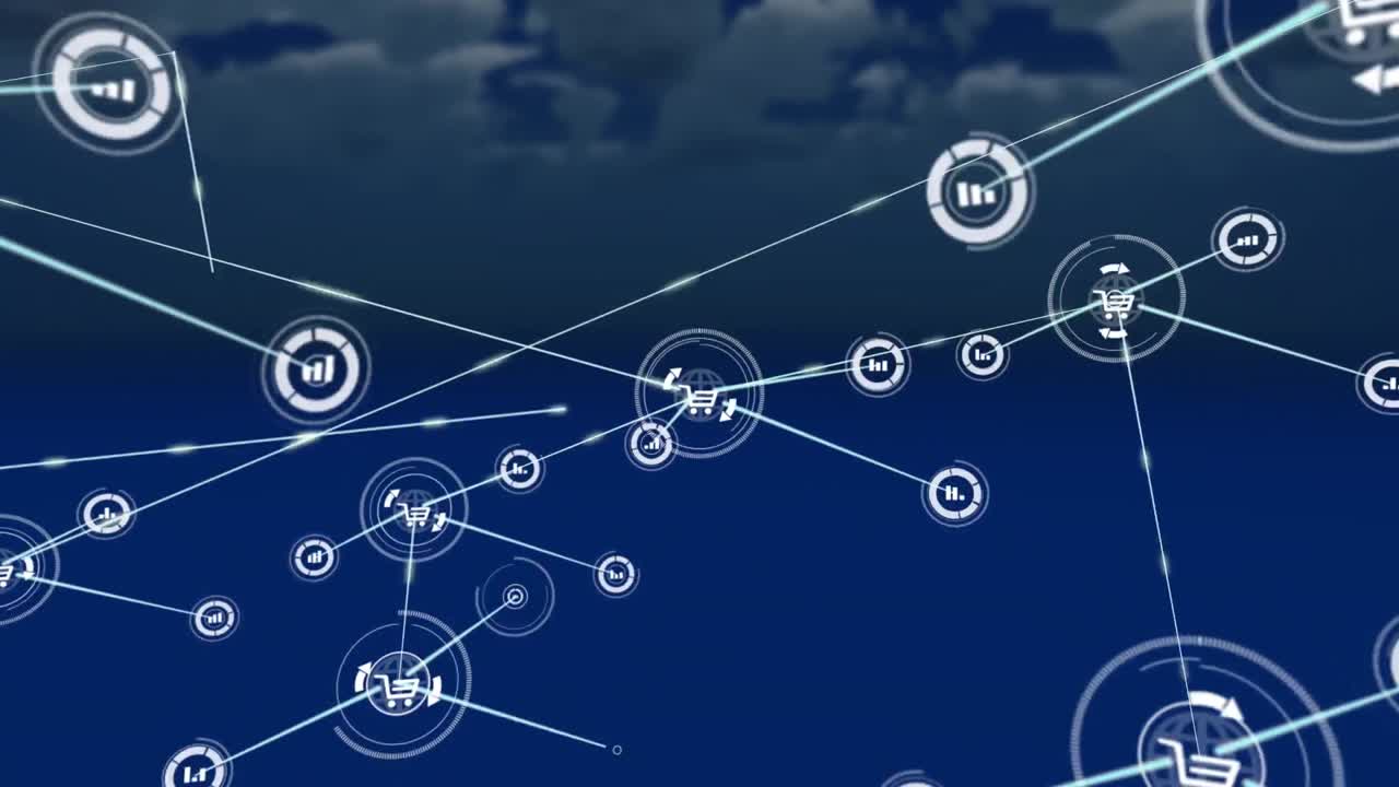 animación de la red de conexiones con iconos sobre el cielo con nubes