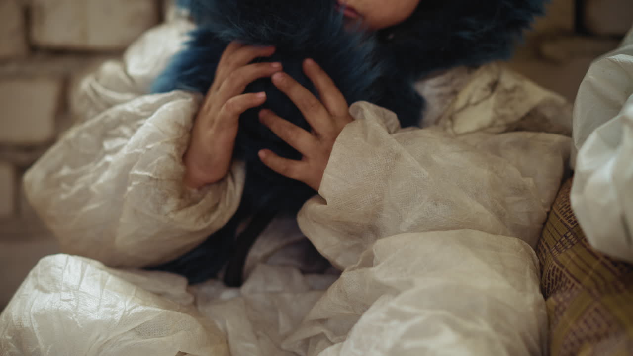 Close up of young child small hands playing with fluffy blue fur hood while wearing thick textured protective coat, fingers curl around soft fabric