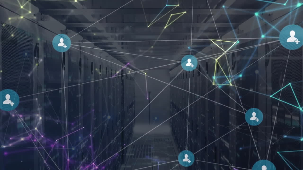 Network of connections and data processing animation over server room environment
