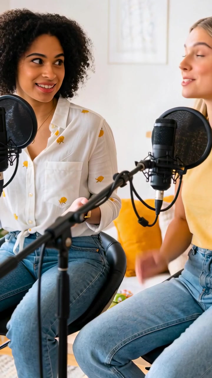 Video verticale: Due donne registrano un podcast con microfoni in uno studio casalingo, indossando una camicia bianca e un top giallo.