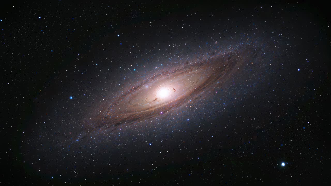 Approaching camera rotating clockwise revealing spiral galaxy in space showing core, dust and stars