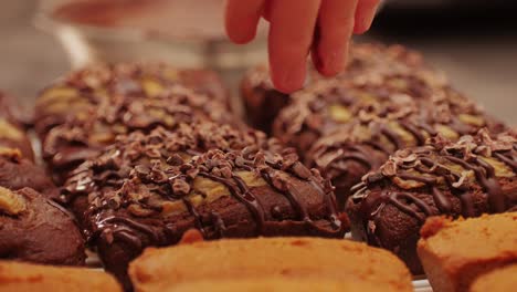fresh bake double chocolate banana artesian bread in bakery shop close-up. artisan bread is making by skill bakers using natural and high-quality ingredients. food with health and flavour benefits. sweet breads for dessert and breakfast