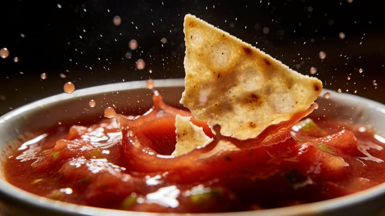 Un tortilla chip che tocca la salsa, causando schizzi in studio per uno scatto pubblicitario, con una ciotola di metallo e pezzetti di jalapeno.