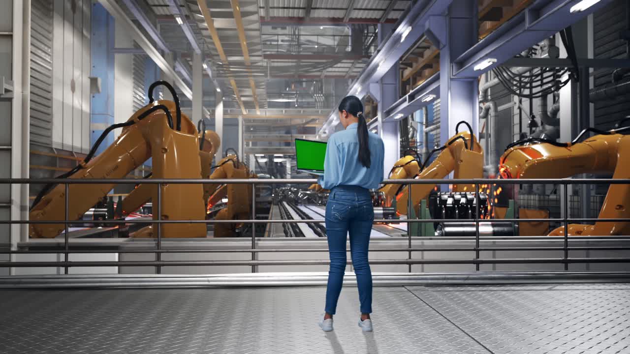 Full Body Back View Of Asian Female With Industrial Robotic Arms Working, Typing On Laptop'S Keyboard With Green Screen And Look At Factory