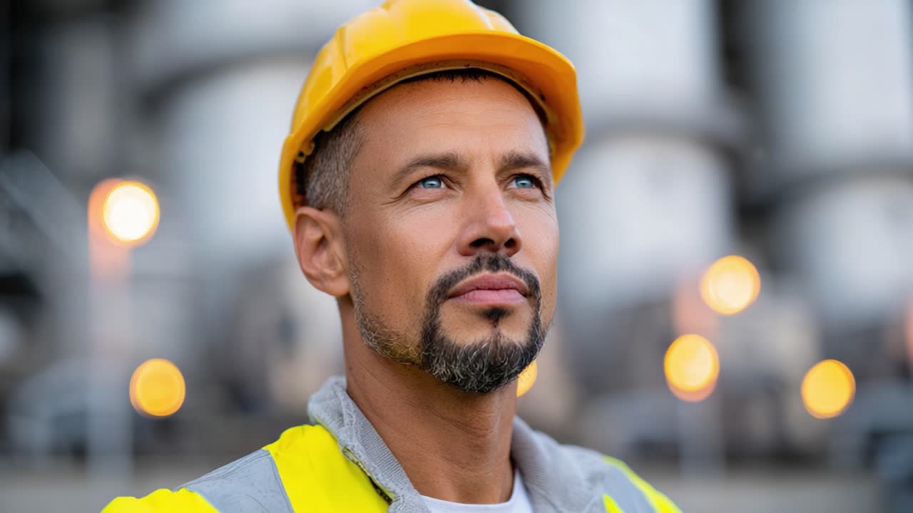 Un operaio edile concentrato che indossa un elmetto giallo e dispositivi di sicurezza, che guarda pensieroso in lontananza in un vivace cantiere industriale durante il giorno.