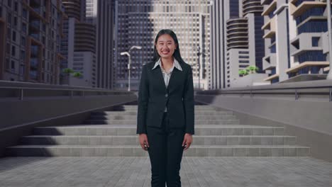 a smiling asian business woman positively shaking her head at the camera in urban city