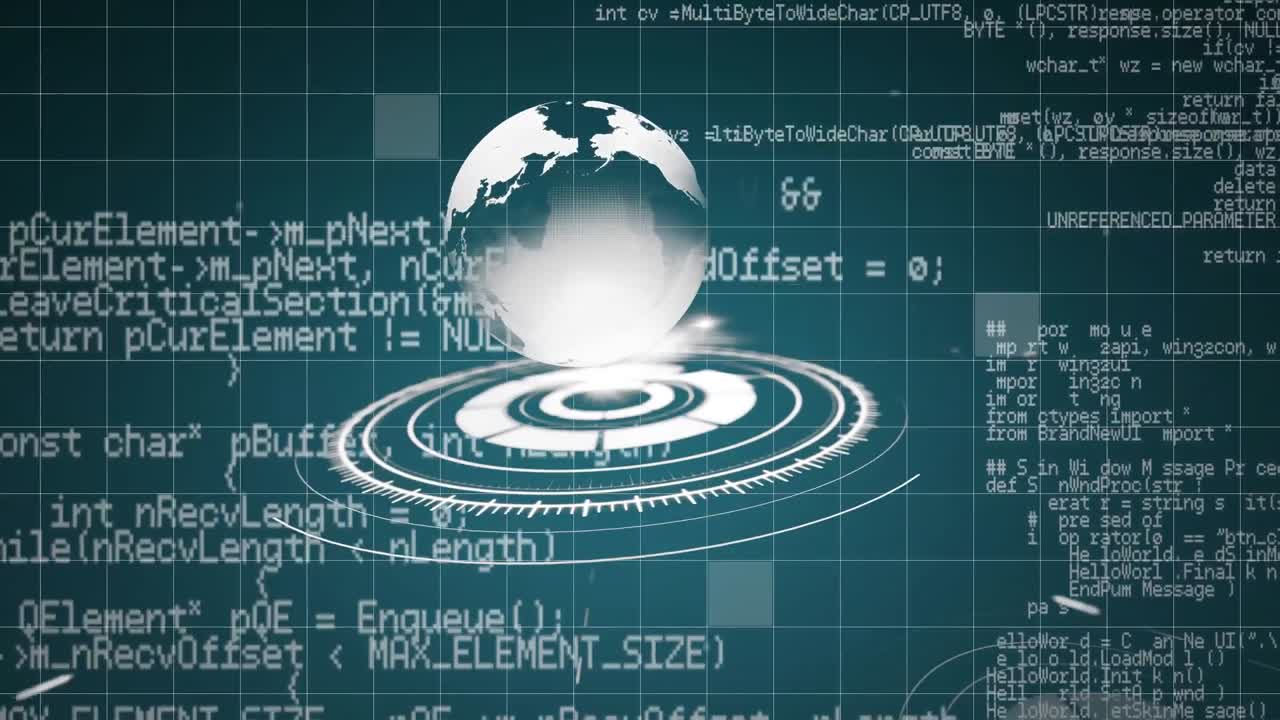 데이터 스크롤과 파란색 배경에 회전하는 지구