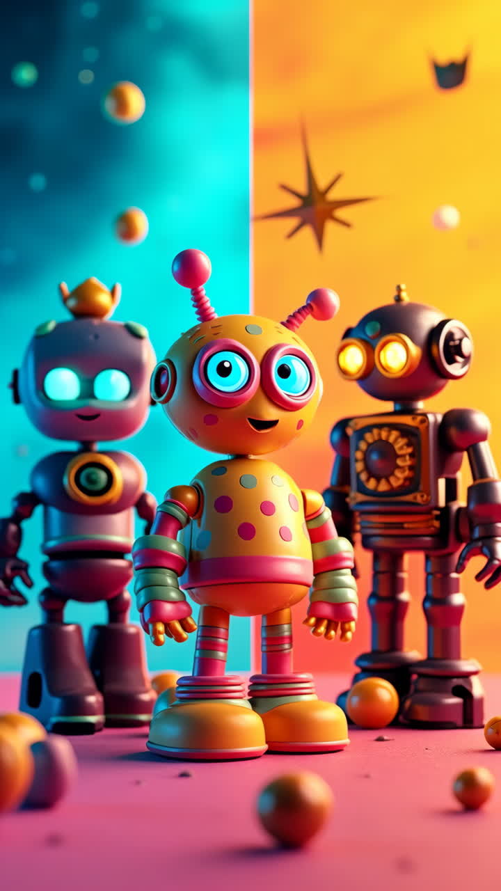 Tre robot colorati dei cartoni animati con occhi luminosi.