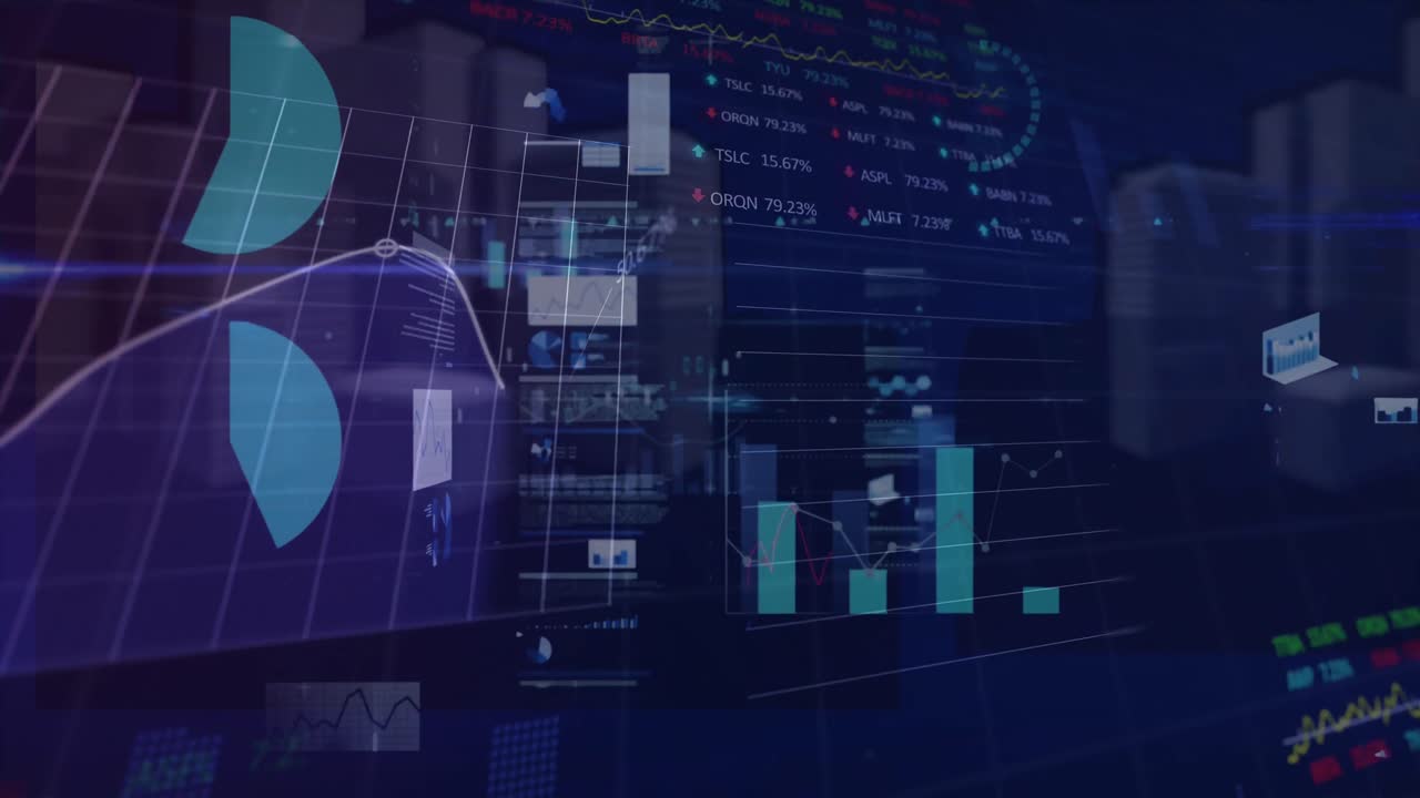 animazione dell'elaborazione dei dati statistici e del mercato azionario su sfondo blu
