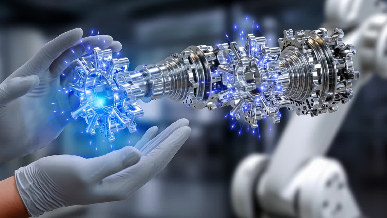 A futuristic display of innovation in robotics showcases a human hand carefully holding a complex mechanical component, radiating vibrant blue energy, representing the harmony between technology and human skill in advanced manufacturing
