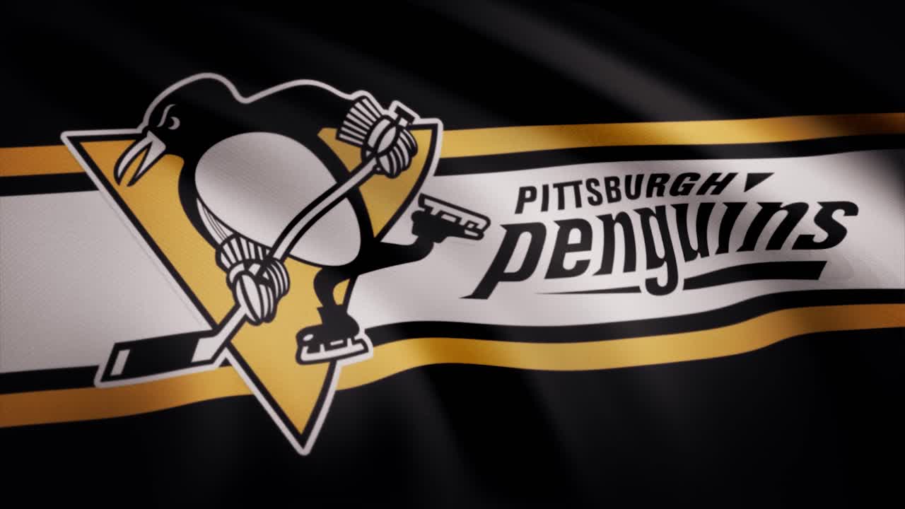 el logotipo del equipo de los pingüinos de pittsburgh en un estandarte de tela ondulante