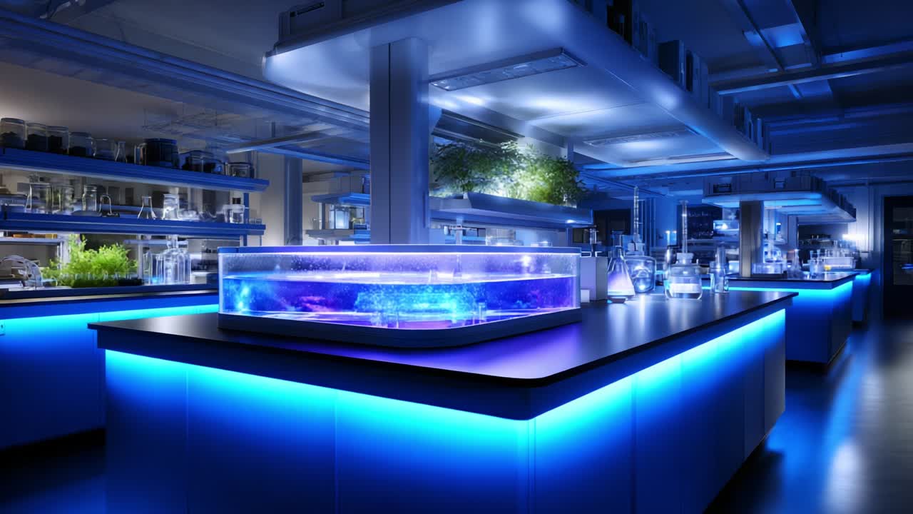 A Modern Laboratory Scene Featuring an Illuminated Aquatic Setup with Advanced Scientific Equipment and a Somber Blue Atmosphere, Highlighting Innovation and Research in Biotechnology