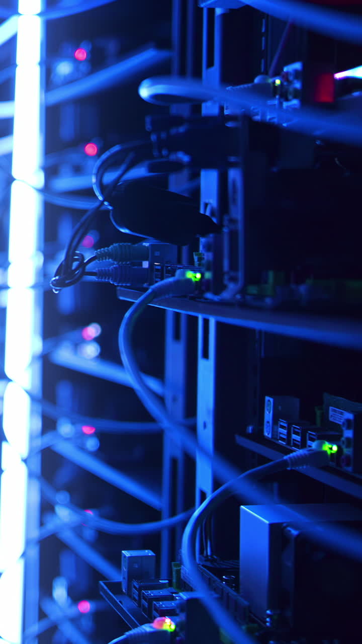 Close up of a rack-mounted server in data centre. Vertical