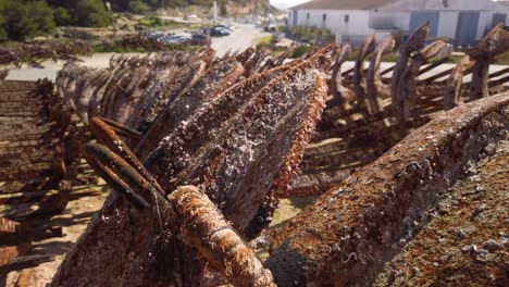 rusty anchors covered in barnacles, closeup detail wraparound shot