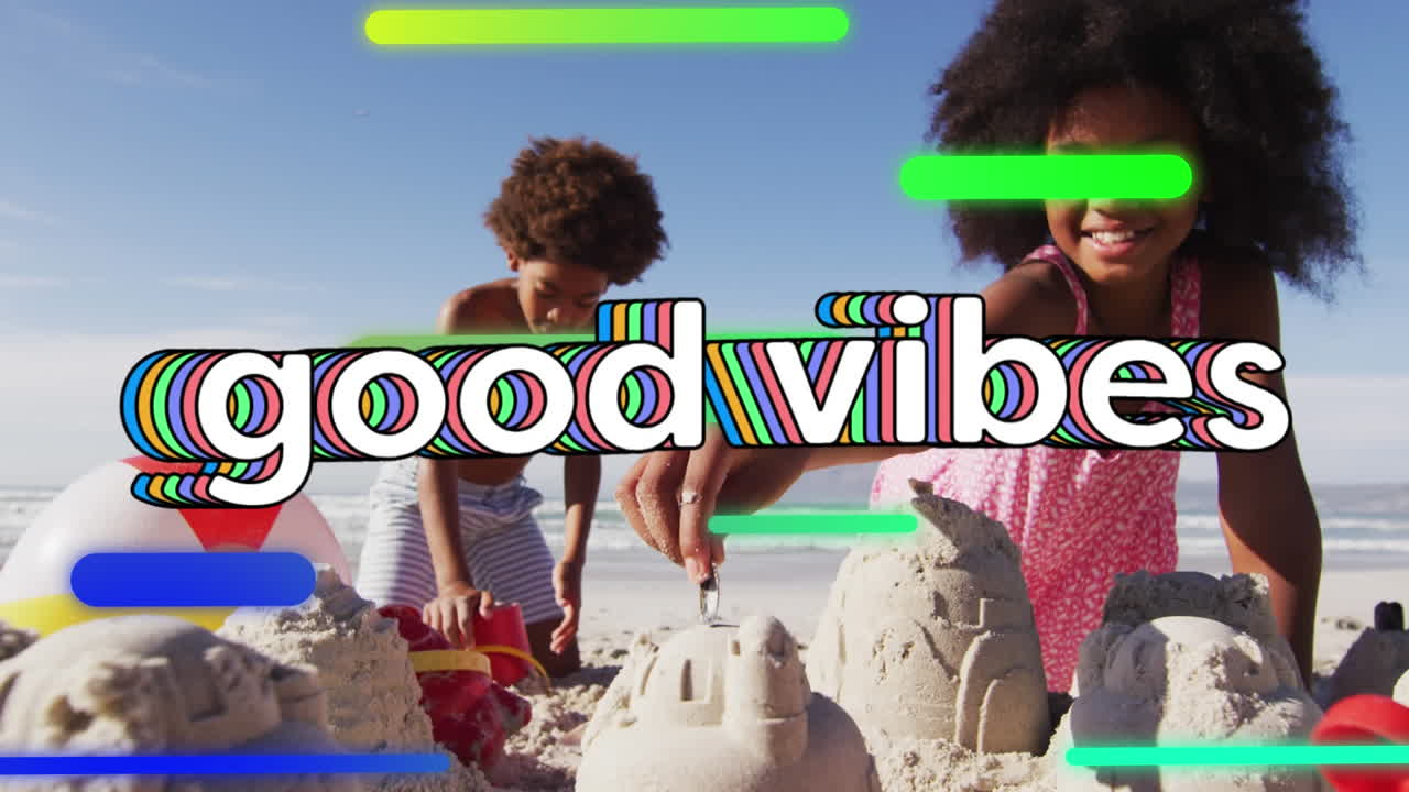 해변에 있는 사람들에 대한 텍스트 진동의 애니메이션