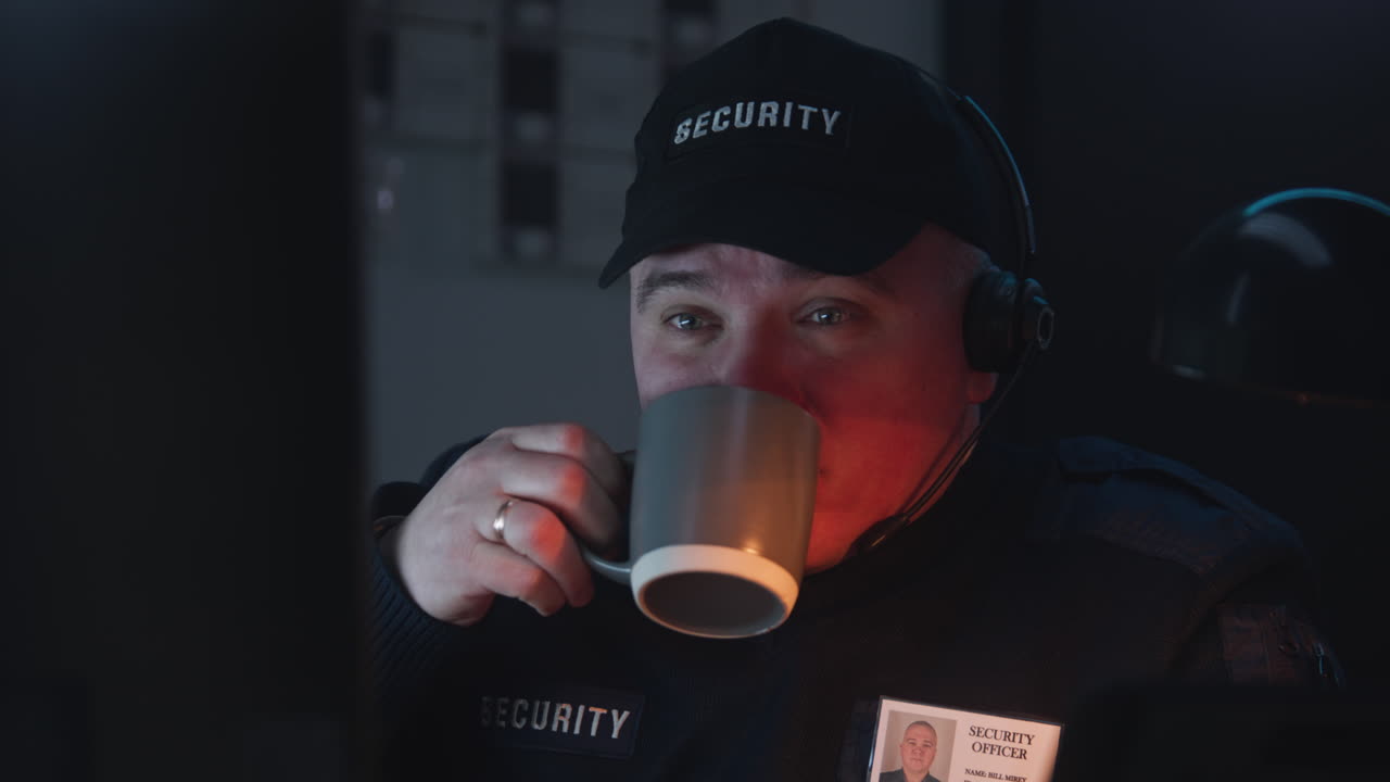 A security guard monitoring surveillance feeds at night