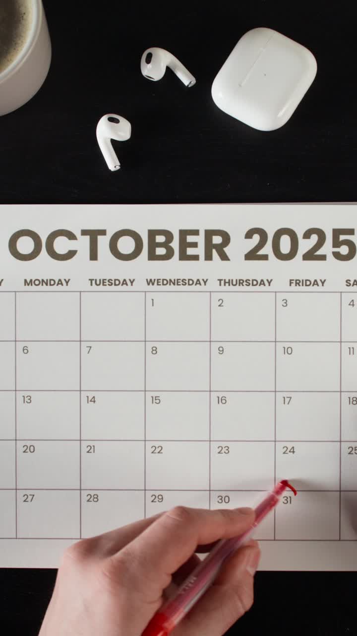 October 2025 Calendar with Wireless Headphones and Coffee Cup