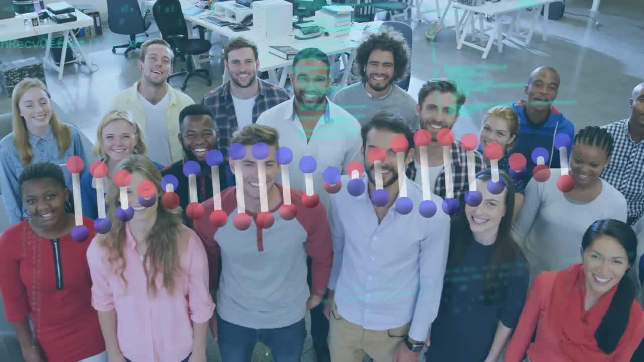 анимация днк-потока над различными бизнесменами в офисе