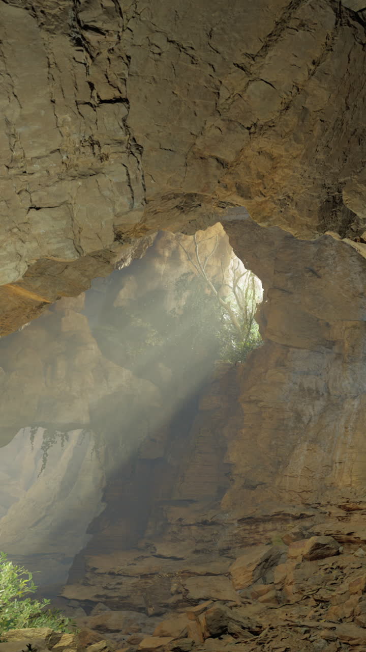 La luce filtra attraverso un'apertura in una grotta rivelando texture rocciose e vegetazione.