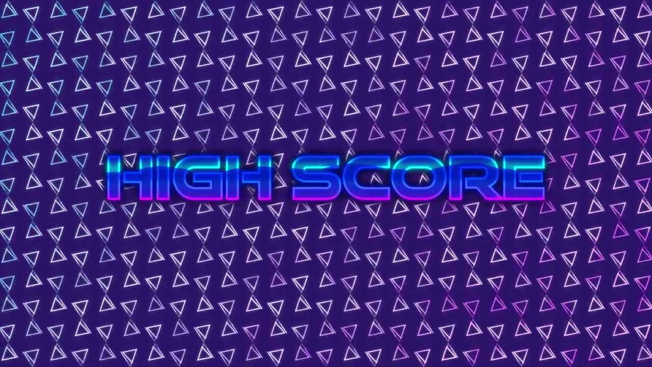 Animation of high score text banner over abstract shape pattern design against blue background