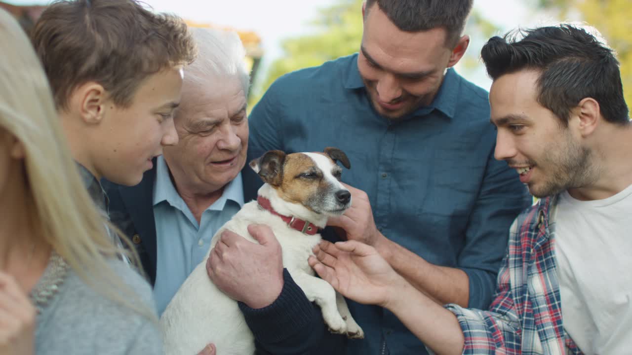 큰 가족의 구성원들이 개와 함께 놀고 있습니다.