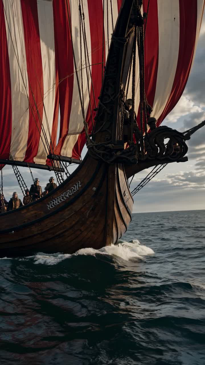 Dramatic low-angle video of a vintage sailing ship with red and white sails on the open sea