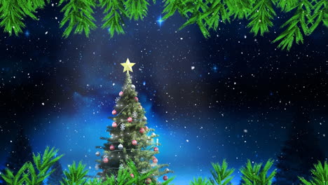 el árbol de navidad y la nieve representan una celebración festiva contra una noche estrellada.