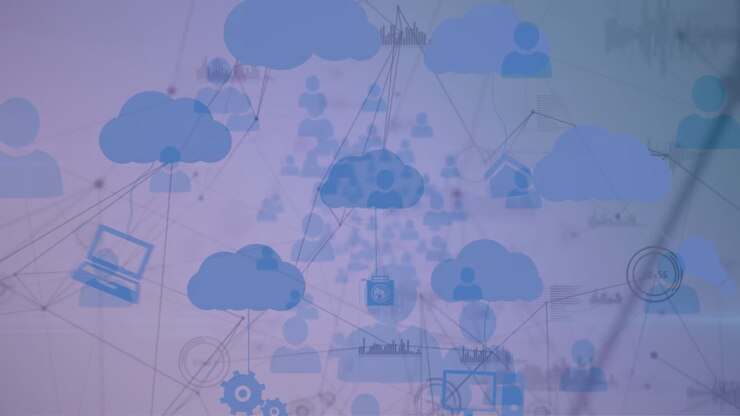 Animation of network of connections and digital clouds and padlocks on dark blue background