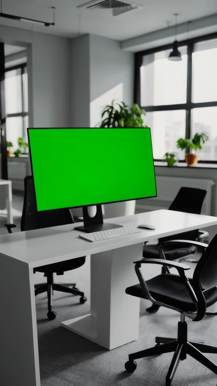 Modern Office Workspace with Green Screen Monitor