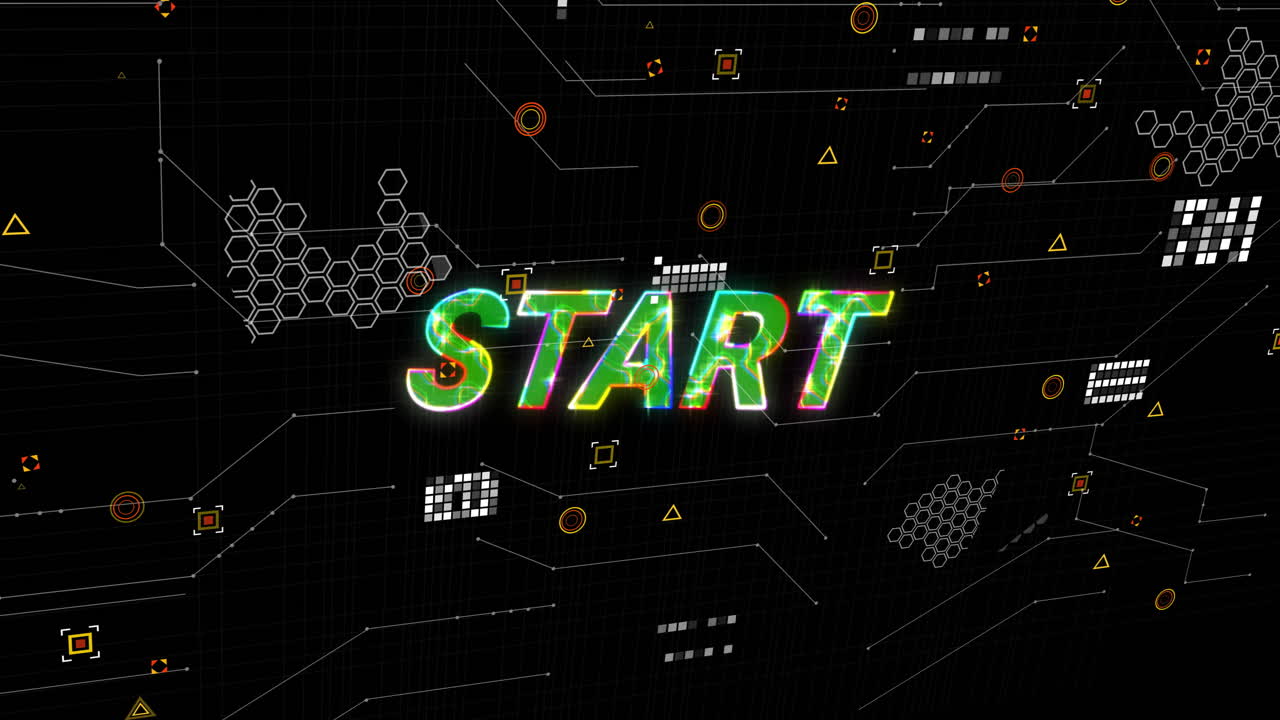 Animation of data processing over colourful start text on black background
