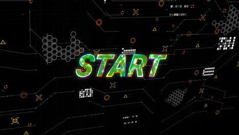animation of data processing over colourful start text on black background