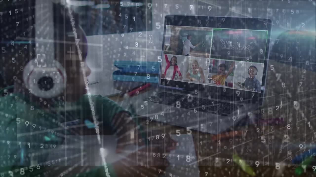 animación del procesamiento de datos sobre un escolar afroamericano que tiene clases en línea