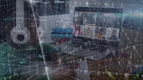 animation of data processing over african american schoolboy having online classes