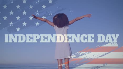 animation of independence day text over afrcian american woman and flag of usa