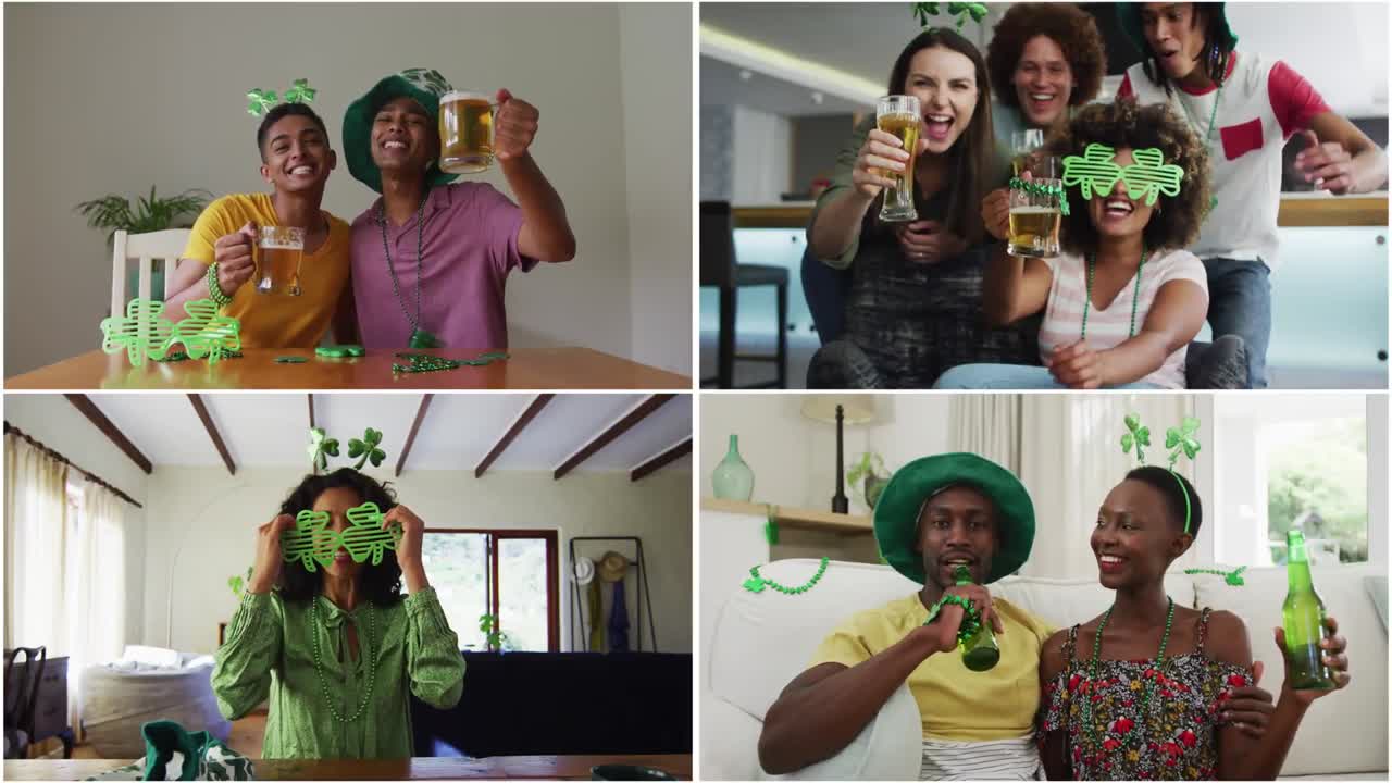 Four windows of diverse group of friends at their homes having video call on st patrick's day