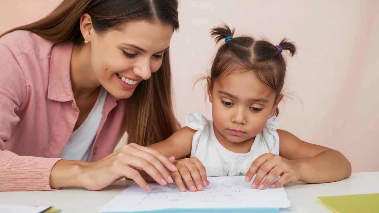 Leaning woman in pink guiding child's fingers on paper at table, teaching letters with folder