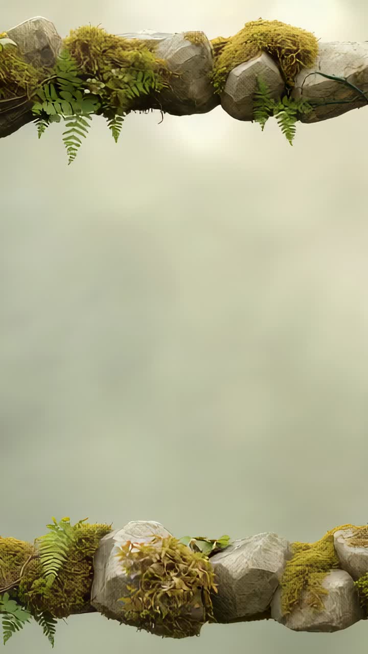 Vertical video: Playback starting, mossy stone ledges framing center in studio as border with ferns