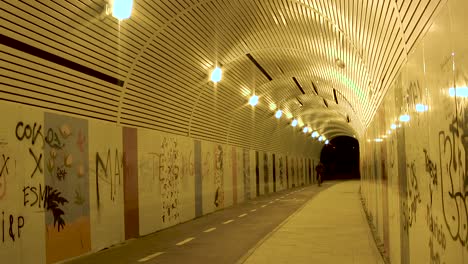 cyclist passing through an urban tunnel illuminated at night