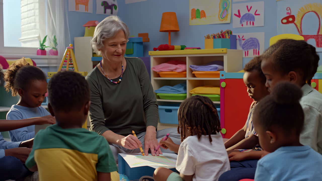 Teacher and children drawing in a preschool classroom